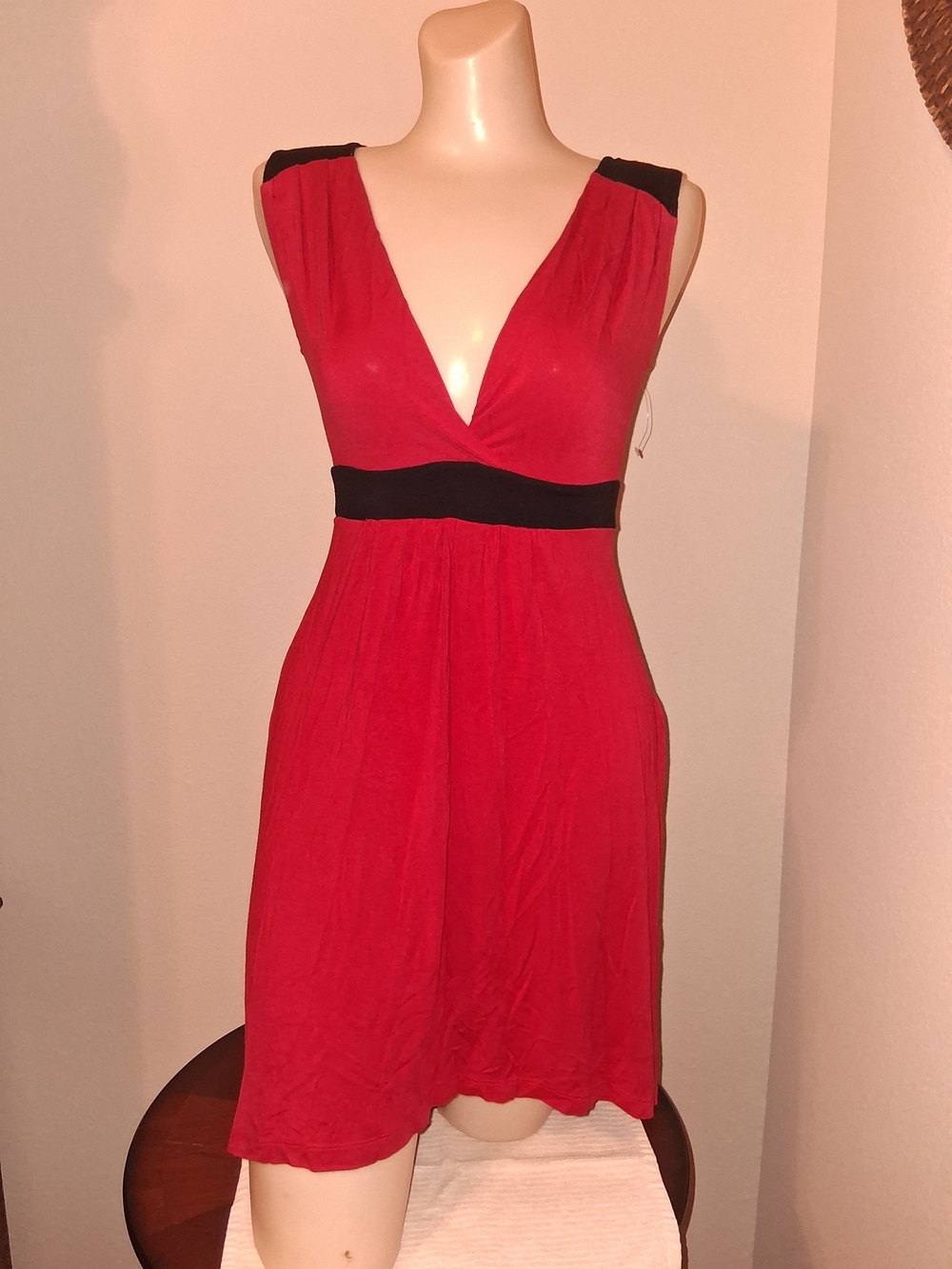 Charlotte Russe Red V-Neck Dress with Black Waist and Shoulder Accents